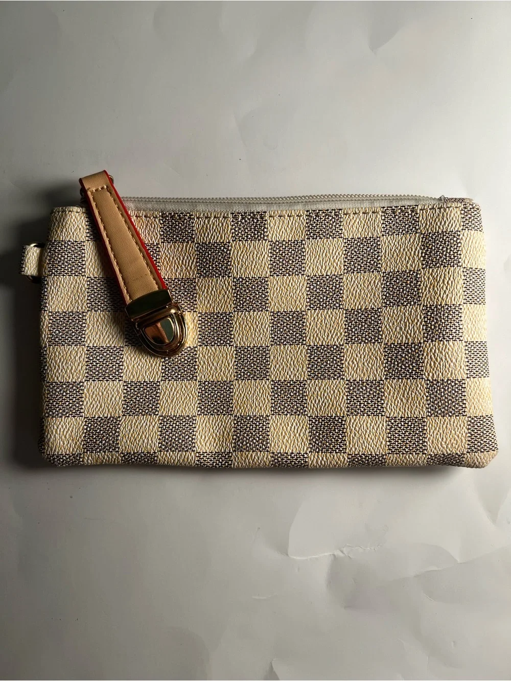Cream Neutral Checkered Wristlet Pouch